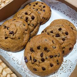 High angle view of cookies in plate