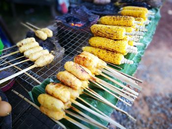 High angle view of food on barbecue grill