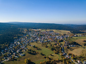 High angle view of field against sky