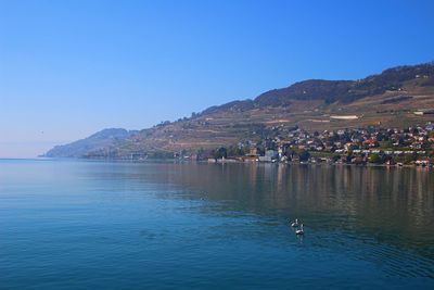 Scenic view of lake against blue sky