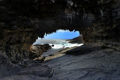 Scenic view of sea seen through cave