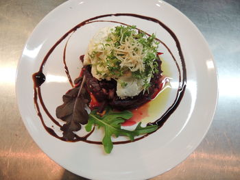 High angle view of food in plate on table