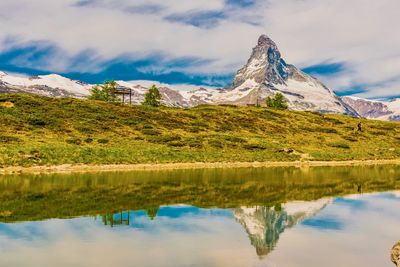 Reflection of mountains on lake against sky