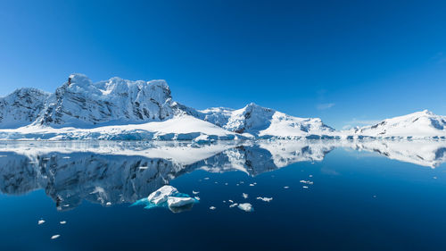 Scenic view of snowcapped mountains against clear blue sky