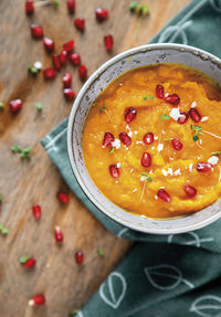 High angle view of soup in bowl on table