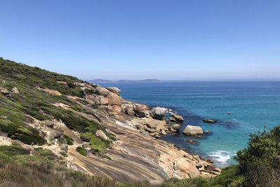 Scenic view of sea and cliff against clear blue sky