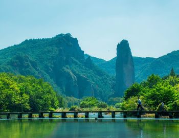 Scenic view of lake and mountains against sky