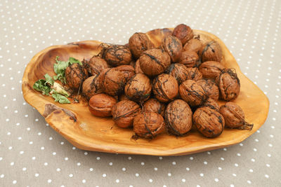 High angle view of meat in plate on table