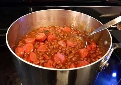 High angle view of meat in cooking pan