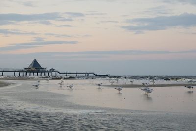 Scenic view of beach against sky during sunset