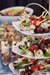 Chocolate strawberries and grapes on an etagere