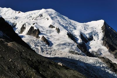 Scenic view of snowcapped mountains against clear sky