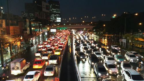 High angle view of traffic on road at night