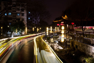 Light trails on road at night