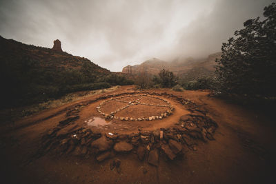 Ancient tribal medicine wheel after a rain storm is in dense fog in the woods