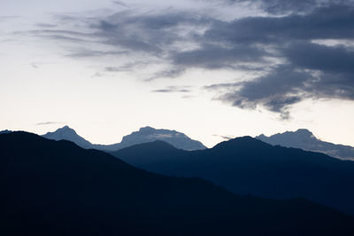 Scenic view of silhouette mountains against sky