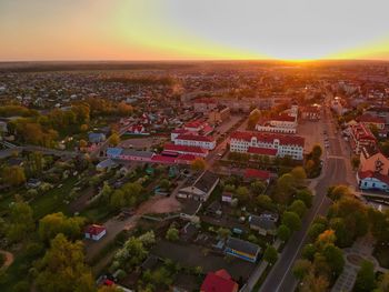 High angle view of townscape against sky during sunset