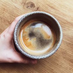 Directly above shot of hand holding coffee cup on table