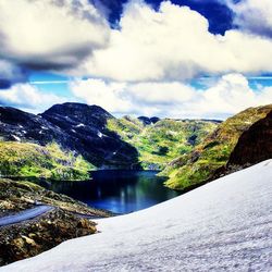 Scenic view of lake against cloudy sky