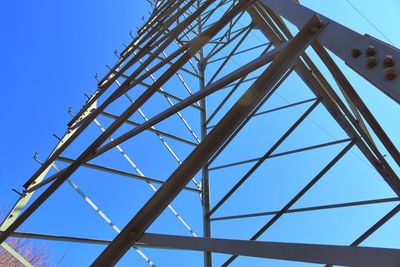 Low angle view of metallic structure against blue sky