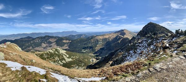 Panoramic view of snowcapped mountains against sky