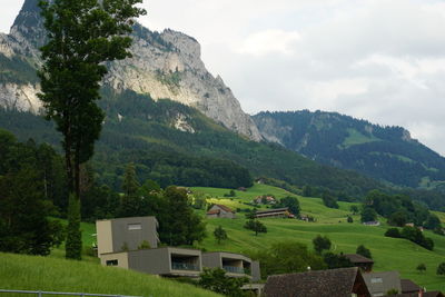 Scenic view of trees and houses against sky