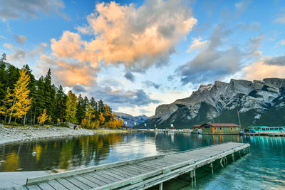 Scenic view of lake by trees against sky