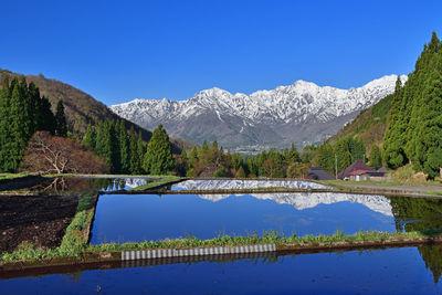 Scenic view of mountains against clear blue sky