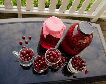 High angle view of fruits in bowl on table