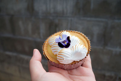 Cropped hand of person holding a lemon tart cake