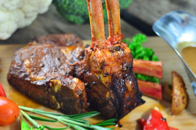 High angle view of meat in plate