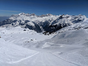 Scenic view of snow covered mountains against sky