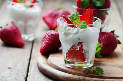 Close-up of fruits in glass on table