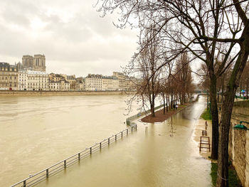 Bridge over river by buildings in city against sky