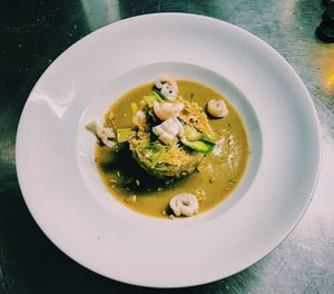 High angle view of food in plate on table