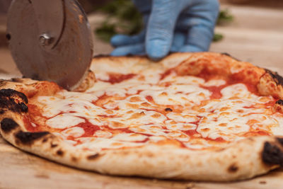 Hand with plastic glove cutting hot pizza margherita with tomato sauce and mozzarella with a cutter