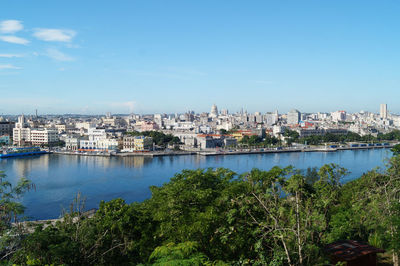 Scenic view of river by buildings against clear blue sky