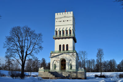 Low angle view of building against clear sky during winter