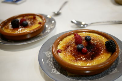 High angle view of dessert in plate on table