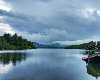 Scenic view of lake against cloudy sky