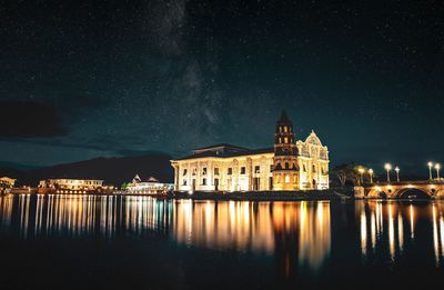 Reflection of illuminated buildings in water