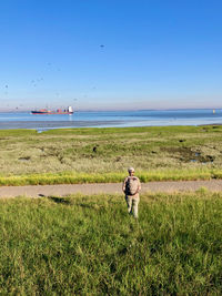 Man on field by sea against clear sky