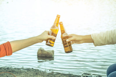 Friends toasting drinks at lakeshore