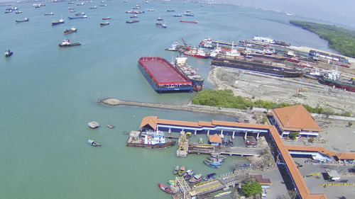 High angle view of harbor by sea