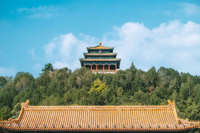 View of temple building against cloudy sky