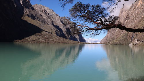 Scenic view of lake by mountain against sky