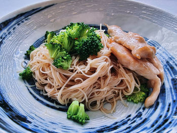 High angle view of vegetables in plate on table