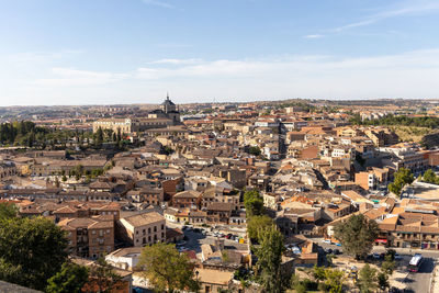 High angle shot of townscape against sky