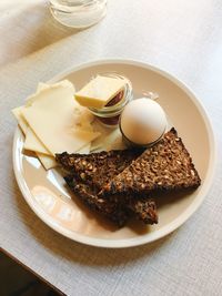 High angle view of breakfast served on table