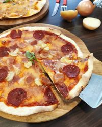 High angle view of pizza on table